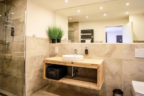 a bathroom with a sink and a shower and a mirror at Smart Resorts Haus Azur Ferienwohnung 809 in Winterberg