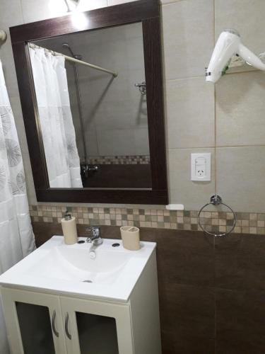 a bathroom with a sink and a mirror and a shower at Punto Termal - Depto 8 in Federación