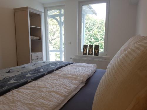 una cama en una habitación con dos ventanas en Ferienwohnung am Jungbrunnen 1, en Bad Harzburg
