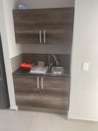 una cocina con armarios de madera y fregadero en Apartment 32, BAY VIEW SUITES, en Langstrand