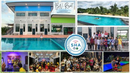 a collage of photos of a swimming pool with a group of people at BN Resort in Ban Nong Chum Saeng