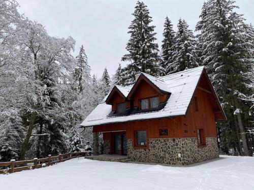 a house with a snow covered roof in the woods at Chata VYPO in Liptovský Ján