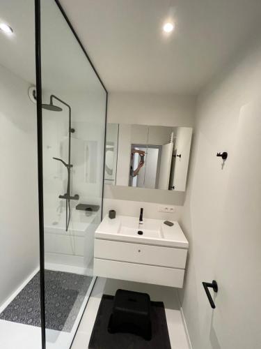 ein weißes Bad mit einem Waschbecken und einer Dusche in der Unterkunft Misan Mer in Nieuwpoort