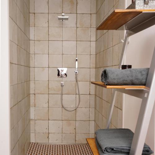 a shower in a bathroom with a tiled wall at HOFSTELLE No. 133 in Burg