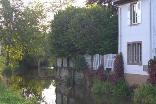 a house with a fence next to a river at La Maison Carré in Wolxheim