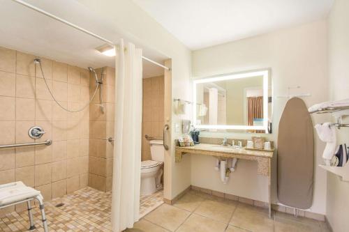 a bathroom with a shower and a toilet and a sink at Quality Inn Bradenton - Sarasota North in Bradenton