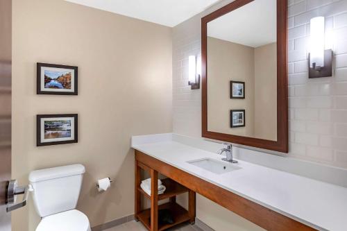 a bathroom with a sink and a toilet and a mirror at Comfort Inn & Suites in Clarkston