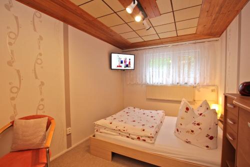 WarenshofにあるFerienwohnung Waren SEE 6571のベッドルーム1室(ベッド1台、天井テレビ付)