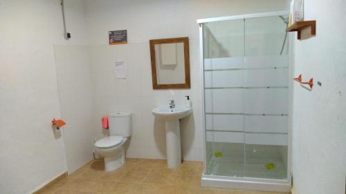 ein Badezimmer mit Toilette, Waschbecken und Dusche in der Unterkunft Alojamiento Rural - Finca Santa Margarita in Algar