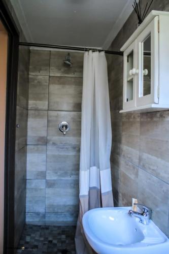 a bathroom with a shower curtain and a sink at Thavhani Guest House in Thohoyandou