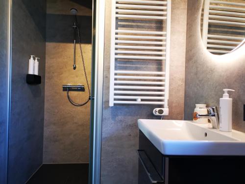 a bathroom with a sink and a shower at Resort Land & Zee in Scharendijke