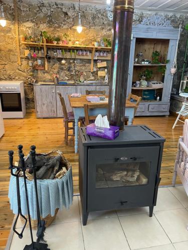 a wood stove in a room with a table at Holiday House Prodromos in Prodromos