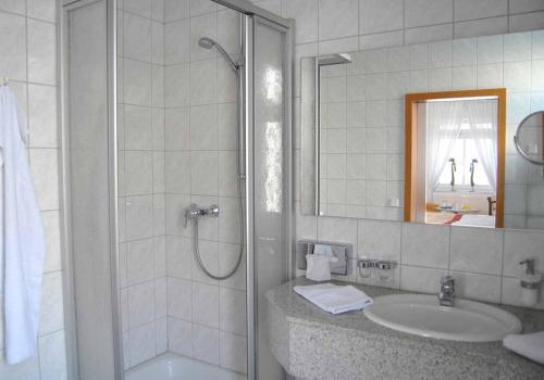 y baño con ducha y lavamanos. en Böhler's Landgasthaus, en Bad Driburg