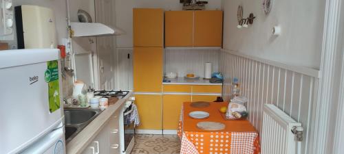 eine kleine Küche mit einem Tisch und einem Waschbecken in der Unterkunft Júlia Apartman. in Budapest