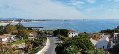 a view of a beach and a road next to the water at Apartamentos Pinhão in Lagos