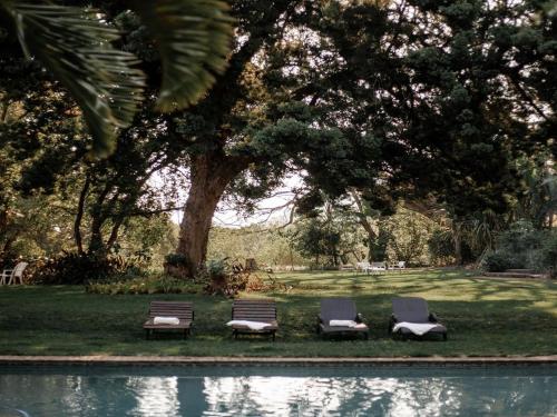 three lounge chairs sitting next to a swimming pool at Linvale Country Lodge in Hazyview