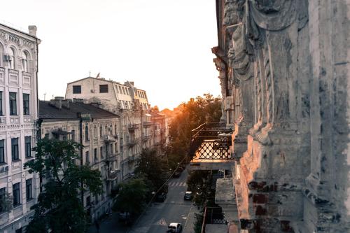 a view of a street between two buildings at Globe Runner Hostel in Kyiv