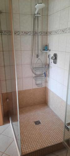 a shower with a glass door in a bathroom at Bine's Home in Murrhardt