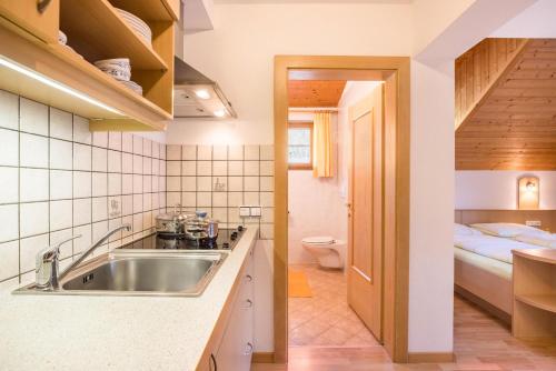 uma cozinha com um lavatório e uma casa de banho com uma cama em Kuglerhof Apt 2 em Cadipietra