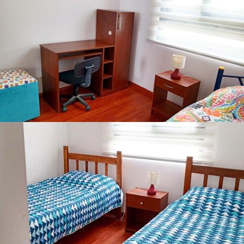 2 fotos de un dormitorio con 2 camas y escritorio en Departamento frente al mar 3 habitaciones 2 baños en Coquimbo