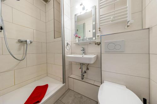 een badkamer met een douche, een toilet en een wastafel bij Hotel Bellevue in St. Blasien