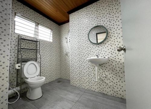 實兆遠的住宿－The Venus - Spacious Wooden TOP Floor Apartment，一间带卫生间、水槽和镜子的浴室