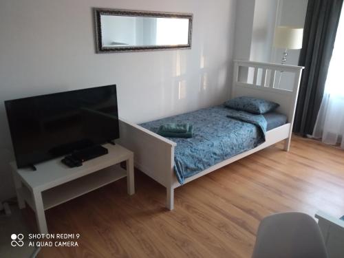sypialnia z łóżkiem i telewizorem z płaskim ekranem w obiekcie Horyzont w mieście Lublin