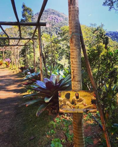 a sign on a tree with a mountain in the background at Pinheiros do Rocio in Petrópolis