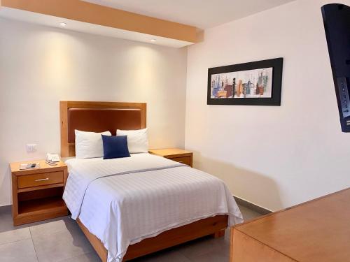 Habitación de hotel con cama y TV en Hotel Buen Valle en Torreón