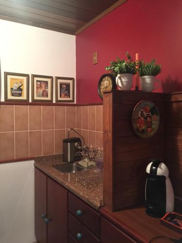 una cucina con un lavello e un piano di lavoro di FLAT DE CHARME RÚSTICO EM GRAMADO a Gramado