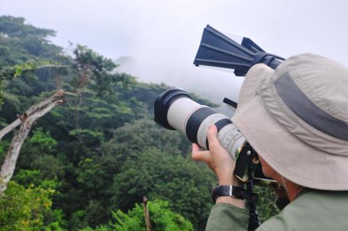 a person with a telescope looking at a forest at Cabañas Ecobiosfera in Catemaco