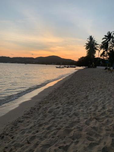 a beach with palm trees and the ocean at sunset at Samui Dreams Seaview Villa - Bangrak Beach - with Private Pool in Koh Samui 