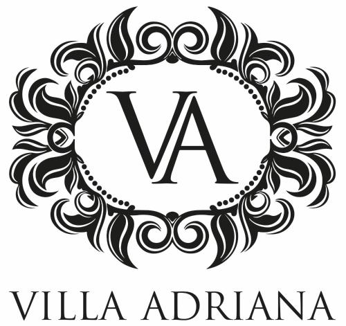 an ornate black and white logo with a letter va in a circle at Villa Adriana in Vetralla
