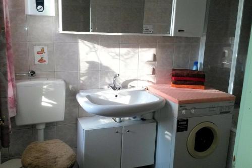 a bathroom with a sink and a washing machine at Ferienwohnung Riemer in Geisa