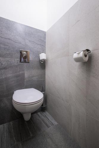 a bathroom with a toilet and two rolls of toilet paper at Hotel Concertino Zlatá Husa in Jindrichuv Hradec