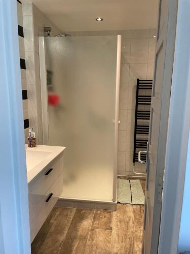 La salle de bains est pourvue d'une douche et d'un lavabo blanc. dans l'établissement Maison de campagne proche Lac de Bouzey, à Chaumousey