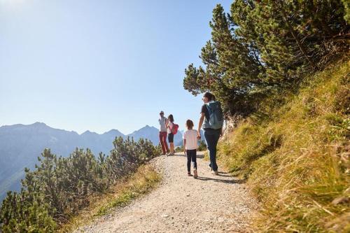 a group of people walking on a mountain trail at Alpen Apart Stubaital in Fulpmes