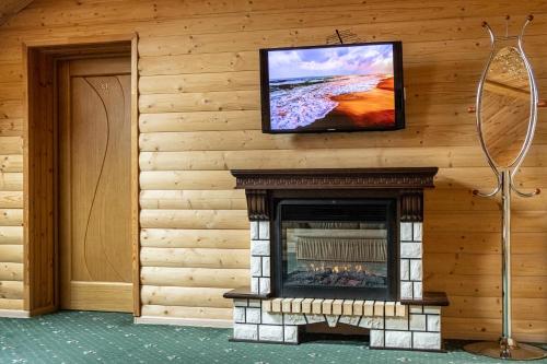 Shatura的住宿－Saint Lake (У Святого Озера)，客厅设有壁炉,上面配有电视