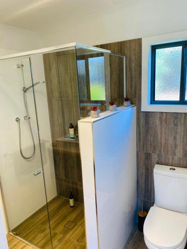 a bathroom with a shower and a toilet at River cottage in Blairgowrie