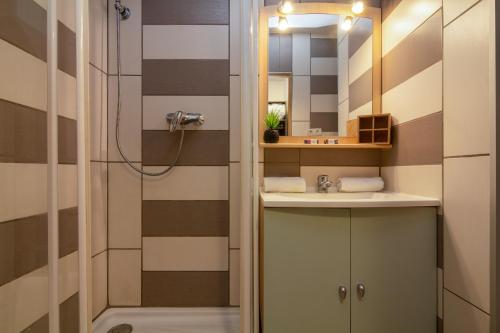 La salle de bains est pourvue d'une douche, d'un lavabo et d'un miroir. dans l'établissement Chamonix Sud - Balme 111 - Happy Rentals, à Chamonix-Mont-Blanc