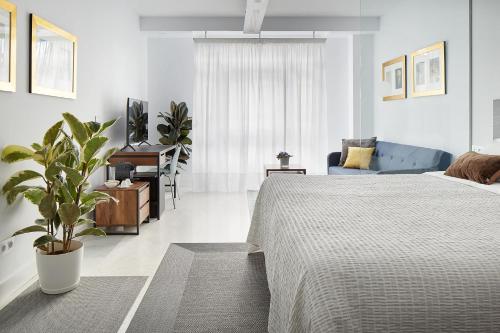 Un dormitorio con una cama y una planta. en Satori Suites, en San Sebastián