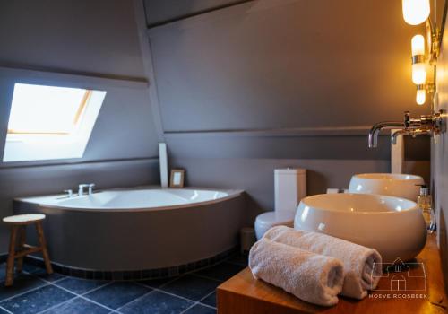 a bathroom with a tub and a sink at Hoeve Roosbeek in Zepperen