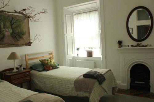 a bedroom with two beds and a mirror and a fireplace at Johnston House: Historic Village Retreat in Kinvara