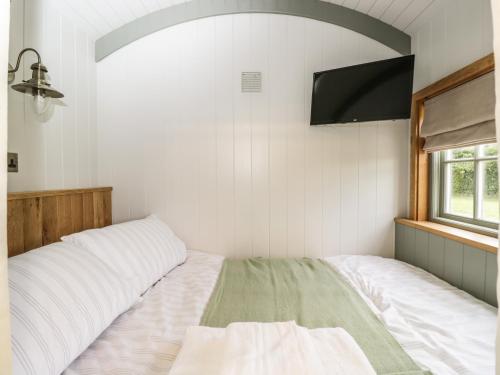 Jasmine Hut, Myrtle Farm في بريستول: غرفة نوم بسريرين وتلفزيون بشاشة مسطحة