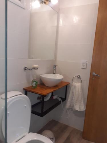 a bathroom with a sink and a toilet and a mirror at Pequeña casa en chacras de coria in Chacras de Coria