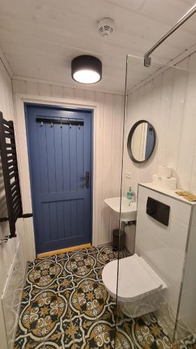 a bathroom with a blue door and a toilet at Oberża pod Złotym Prosiakiem in Nieborów