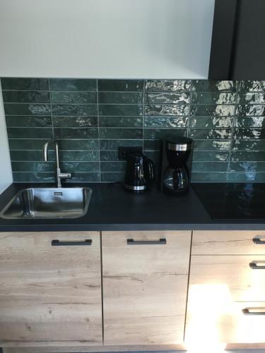 a kitchen counter with a sink and a coffee maker at Woudmeer 1 in Dirkshorn
