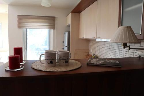 twee koffiemokken op een aanrecht in een keuken bij Dream Mountain House in Kalavrita
