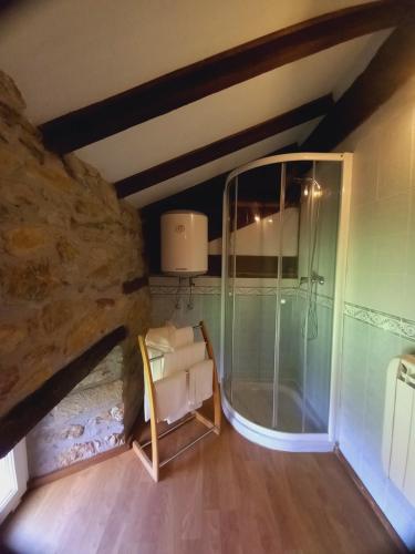 a bathroom with a glass shower in a stone wall at Errotazar apartamento E in Alsasua