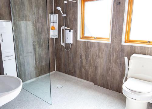 a bathroom with a shower and a toilet and a sink at Croftwood Cottage in Boat of Garten
